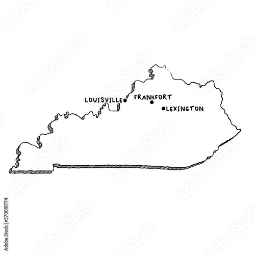 Vector hand drawn map of Kentucky KY with main cities. US States black and white illustrated map. Full vector global color swatch different layer for ease of use