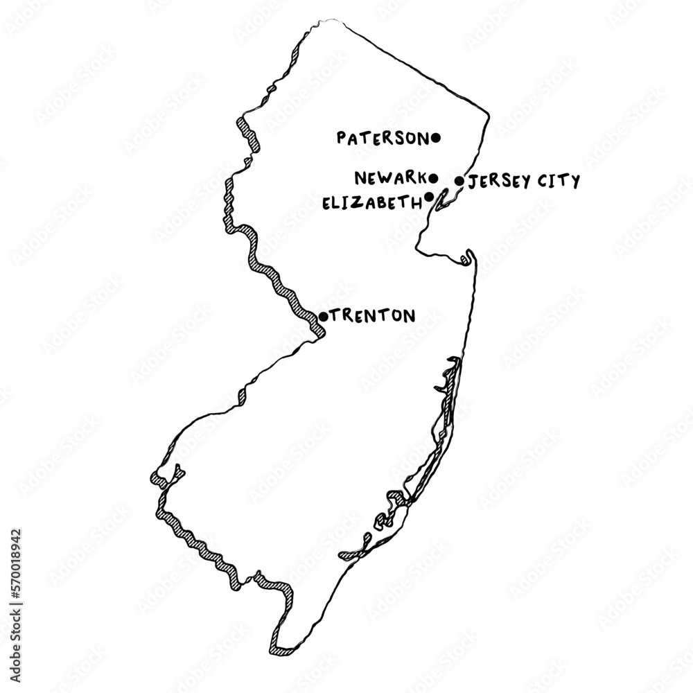 Vector hand drawn map of New Jersey NJ with main cities. US States