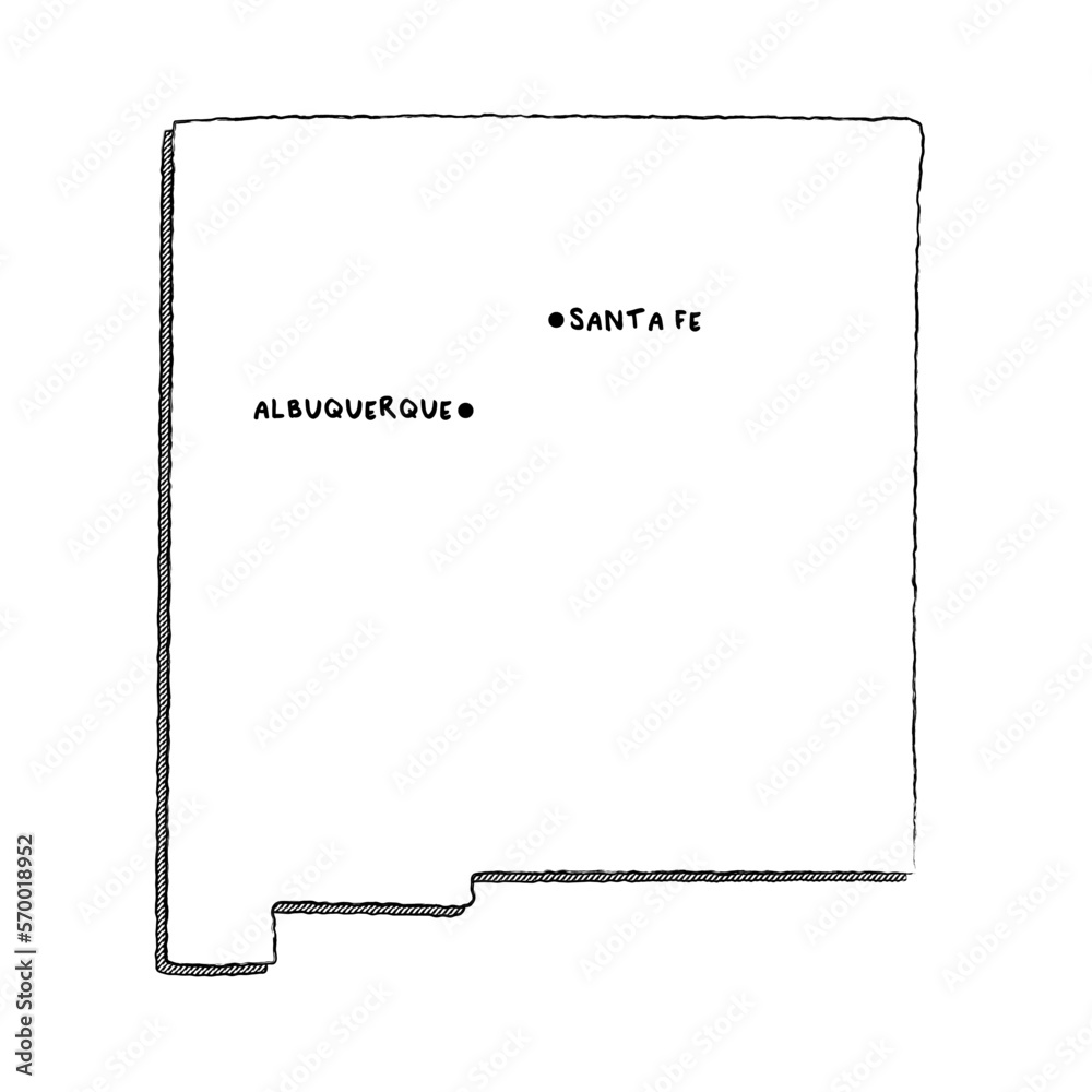 Vector hand drawn map of New Mexico NM with main cities. US States