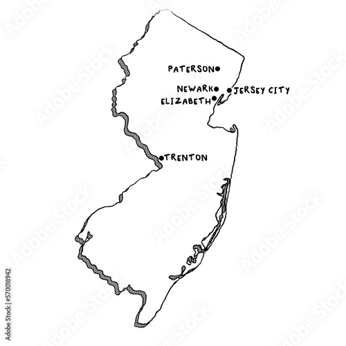Vector hand drawn map of New Jersey NJ with main cities. US States black and white illustrated map. Full vector global color swatch different layer for ease of use