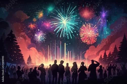Beautiful, multicolored fireworks lit up the night sky. There is an audience. Generative AI