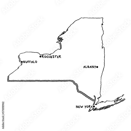 Vector hand drawn map of New York State NY with main cities. US States black and white illustrated map. Full vector global color swatch different layer for ease of use photo