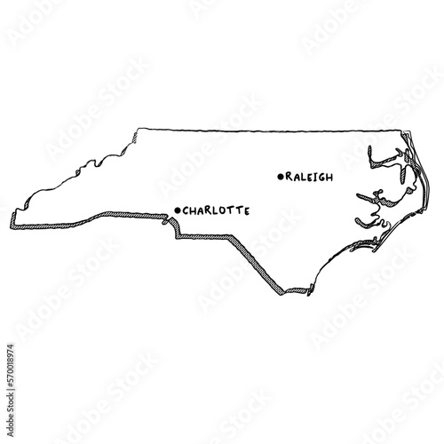 Vector hand drawn map of North Carolina NC with main cities. US States black and white illustrated map. Full vector global color swatch different layer for ease of use