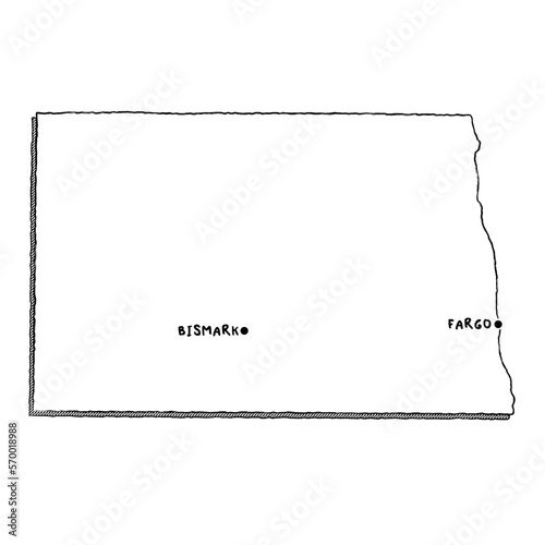 Vector hand drawn map of North Dakota ND with main cities. US States black and white illustrated map. Full vector global color swatch different layer for ease of use