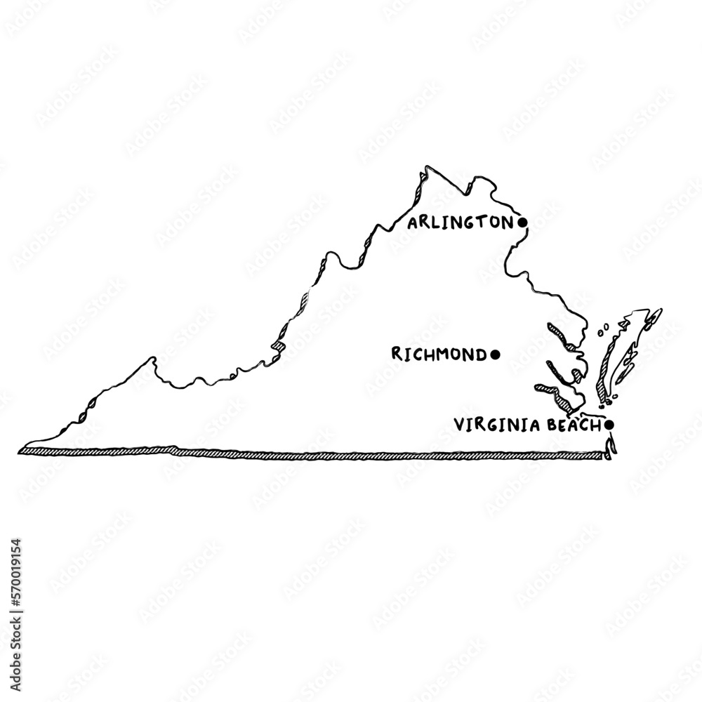 Vector hand drawn map of Virginia VA with main cities. US States black