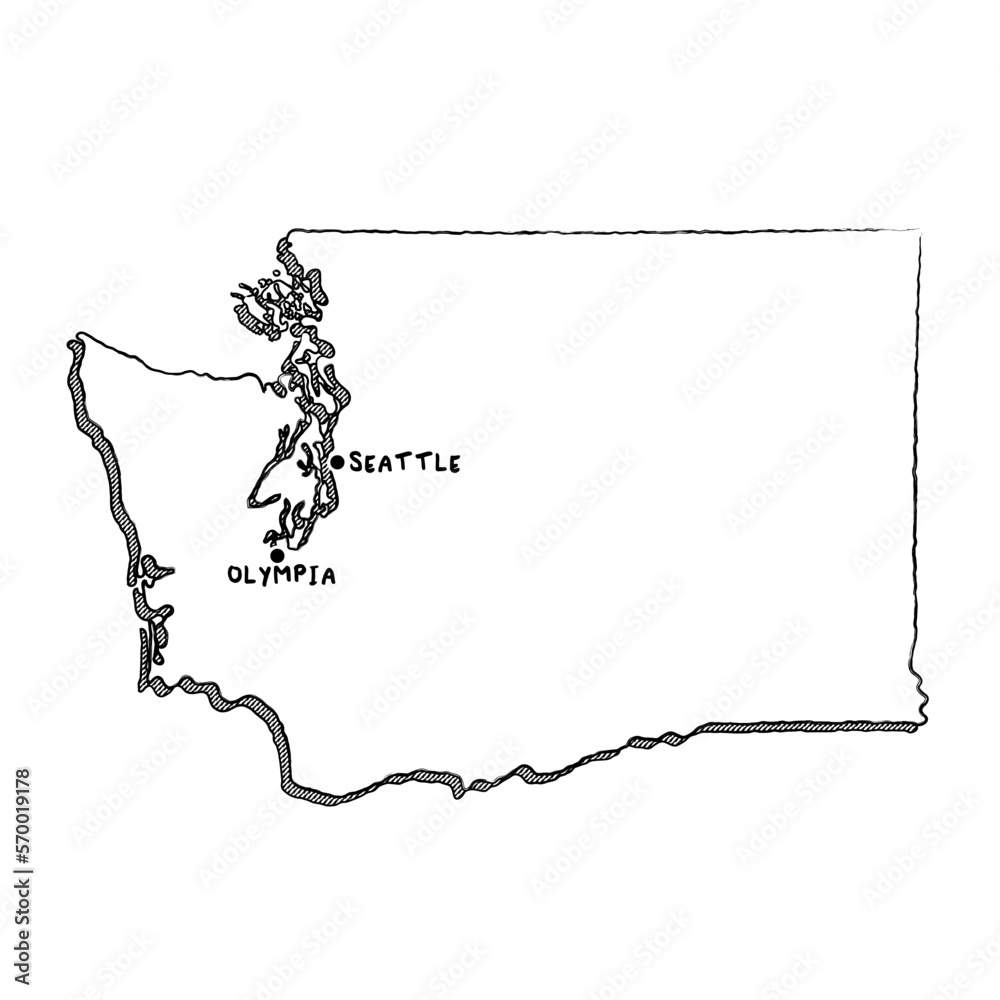 Vector hand drawn map of Washington State WA with main cities. US