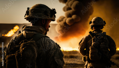 Two army soldiers, U.S. marines team surrounded by fire and smoke, war zone Generative AI illustration