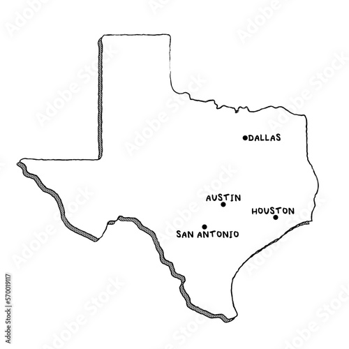 Vector hand drawn map of Texas TX with main cities. US States black and white illustrated map. Full vector global color swatch different layer for ease of use