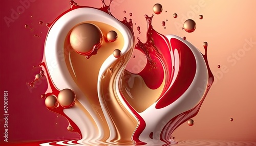 Creamy and thick liquid red and white splashing on color background. Generative AI
