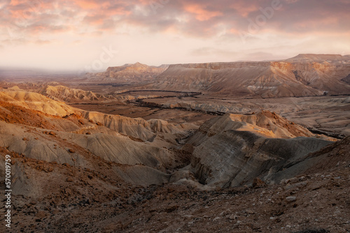 Panorama of the Zin Gorge in the Negev desert from the settlement of Midreshet Ben Gurion, southern Israel.
