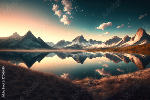 lake in the mountains, mountain range, created with AI, generative AI