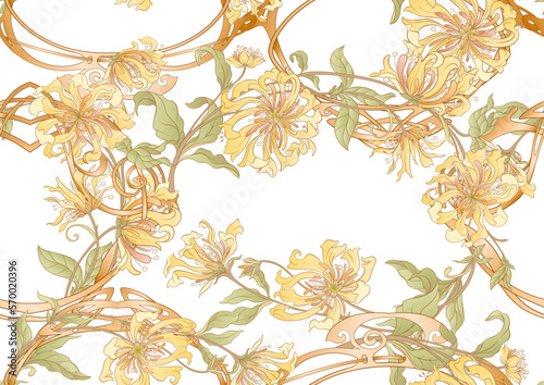 Decorative flowers and leaves in art nouveau style, vintage, old, retro style. Seamless pattern, background. Vector illustration.