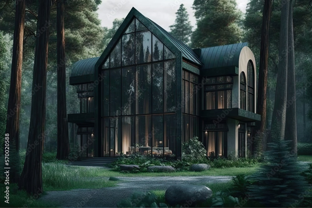 Big luxury house in the forest. Generative AI illustration. Big luxury house in the forest. Generative AI illustration.