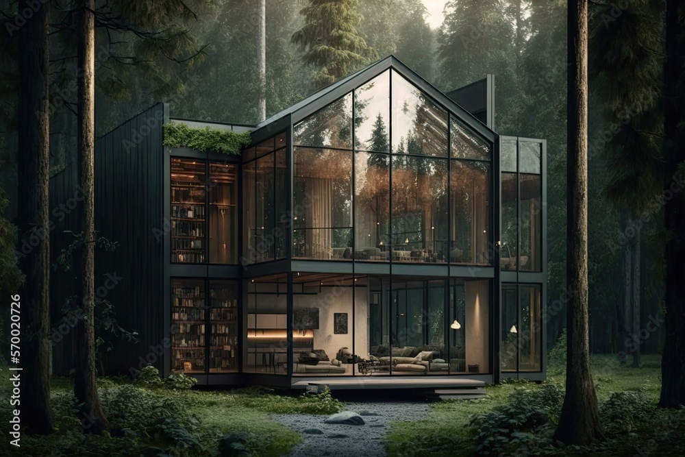 Luxury house in the forest. Generative AI illustration.