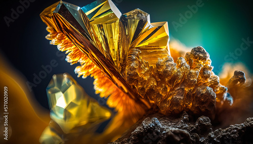 Glowing Ettringite mineral. Golden transparent crystal. Close up photography created with Generative AI photo