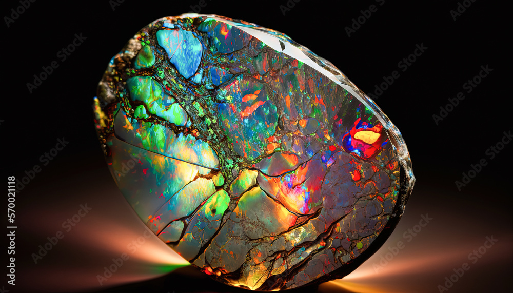 Opal crystal with rainbow colors. Black background. Created with Generative AI Opal crystal with rainbow colors. Black background. Created with Generative AI