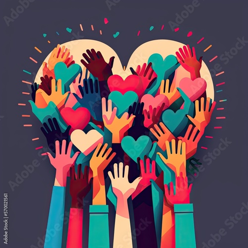 Group of raised hands. Diverse people holding a heart. Charitable donation and volunteer work. Support and assistance concept. Generative AI illustration. 