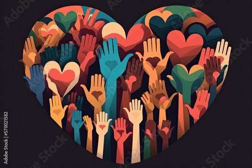 Group of raised hands holding hearts. Charitable donation and volunteer work. Support and assistance concept. Generative AI illustration. 
