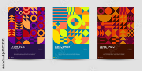 Abstract geometric posters. Bauhaus geometric backgrouns, vector circle, triangle, and square lines color art design. Contemporary vertical mosaic banners vector trendy set © Dmytro Lobodenko