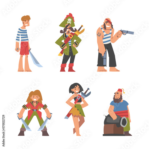 Pirate or Buccaneer Character with Saber and Striped Vest as Marine Robber Vector Set