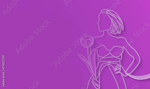Woman with big spring flower. Vector paper art illustration. Continuous one line style.