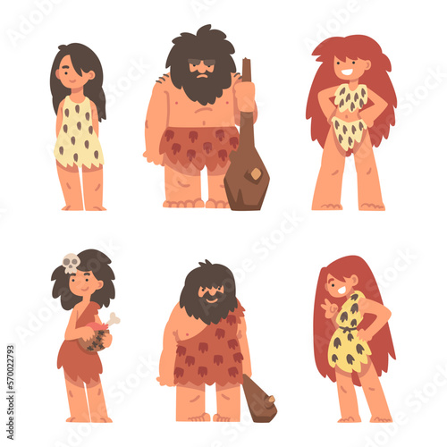 Primitive People Character from Stone Age Wearing Animal Skin Vector Set