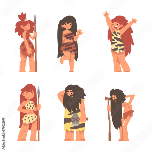 Primitive People Character from Stone Age Wearing Animal Skin Vector Set