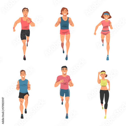 People Character Running in Sportswear and Trainers Engaged in Sport Training and Workout Vector Set