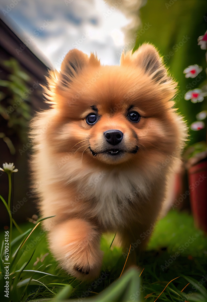 German Spitz puppy in the garden, Generative AI German Spitz puppy in the garden, Generative AI