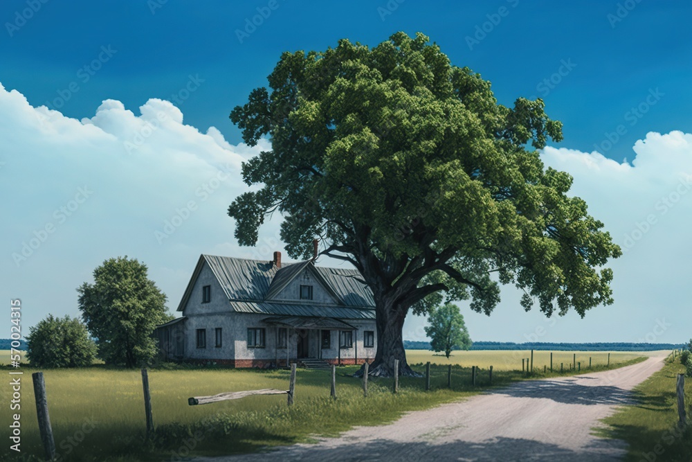 landscape with a house and a tree country side landscape with a house and a tree country side