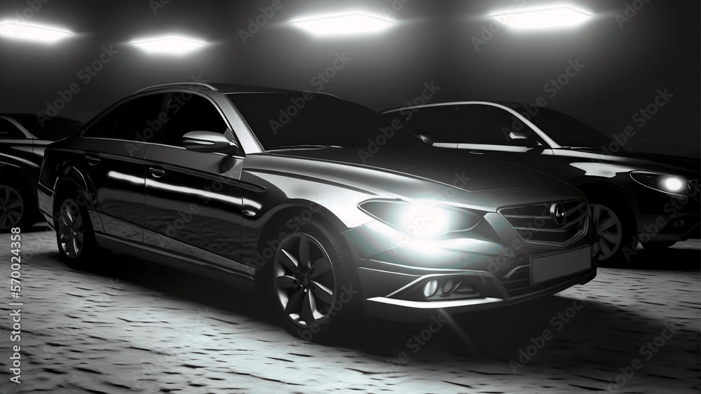 Fototapeta premium black business class car at night with headlights on standing new quality transport stock image design, Generative AI