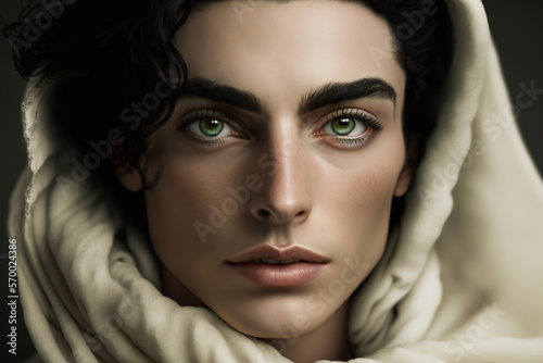 Close-up portrait of a beautiful young androgynous person wearing a white hood, with black hair and green eyes on a green background - not based on a real person, Generative AI photo