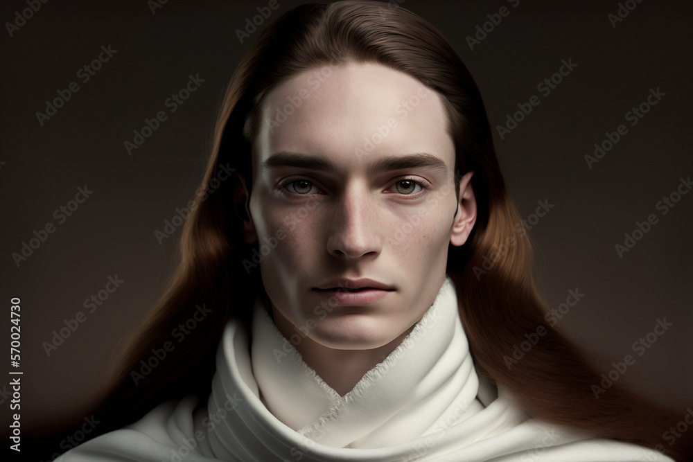 Close-up portrait of a beautiful young androgynous person with long red hair on a dark background - not based on a real person, Generative AI