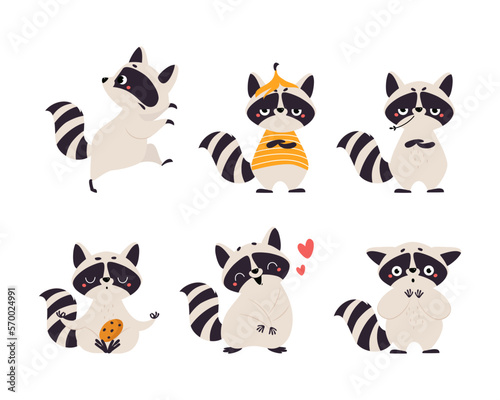 Cute Raccoon Character with Ringed Tail Engaged in Different Activity Vector Set