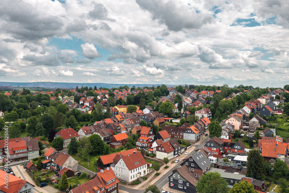 Aerial summer view of Clausthal-Zellerfeld, small German town with a village plan in Harz (Oberharz) mountains region in Lower Saxony, Germany.