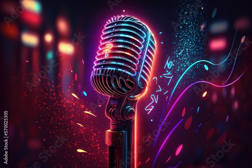 Microphone and neon lights, abstract glowing background, digital illustration, Generative AI