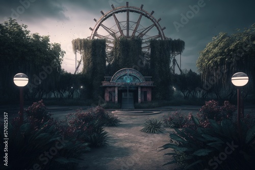 Abandoned amusement park in destroyed post apocalyptic world. City ​​catastrophe landscape background
