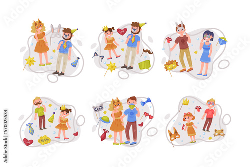 People Character Holding Mask on Pole as Party Birthday Photo Booth Prop Vector Composition Set