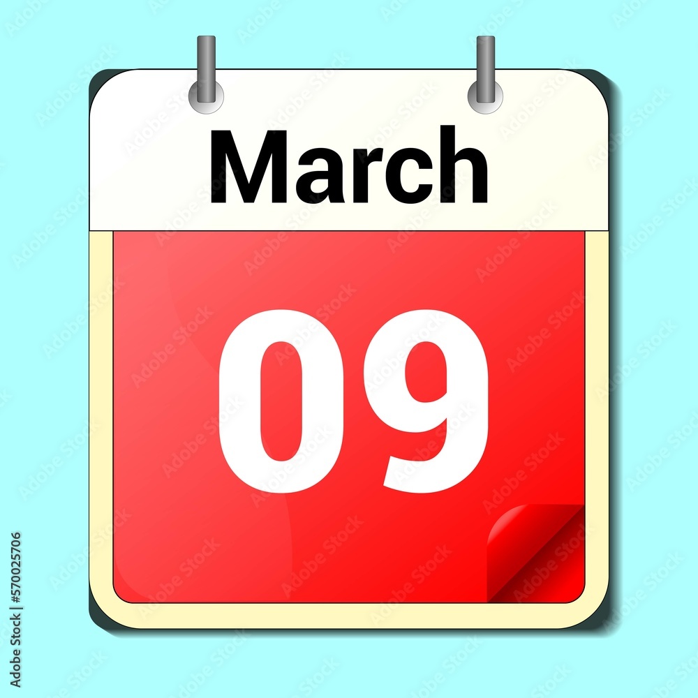 day on the calendar, vector image format, March 09 day on the calendar, vector image format, March 09