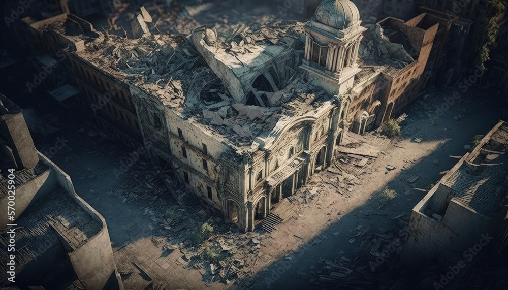 Fototapeta premium City drone view with collapsed and destroyed buildings, post apocalyptic city, realistic illustration, Generative AI 