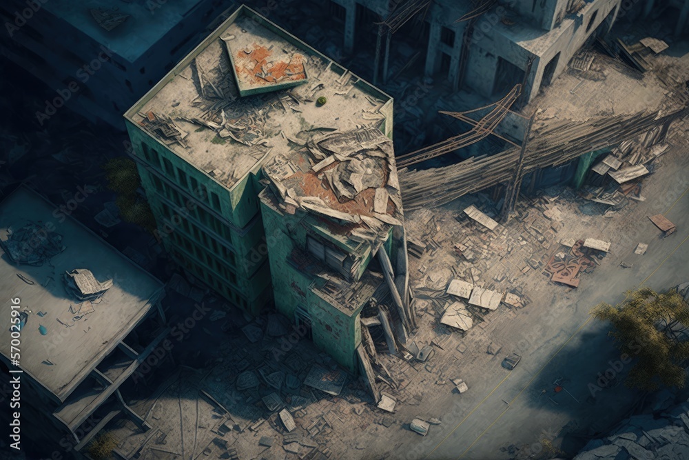 City drone view with collapsed and destroyed buildings, post apocalyptic city, realistic illustration, Generative AI