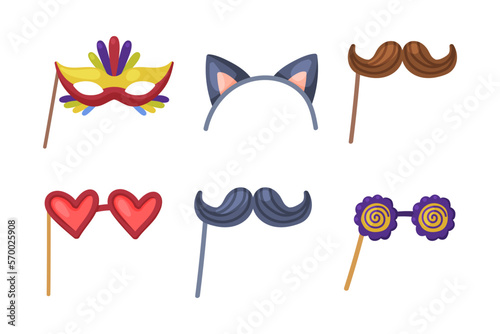 Colorful Party Birthday Photo Booth Prop with Mask, Mustache and Glasses Vector Set
