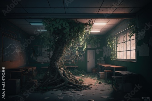 Abandoned school interior in destroyed post apocalyptic world. City ​​catastrophe landscape background