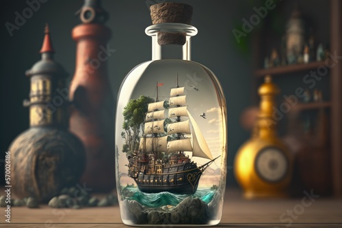 Glass bottle with pirate ship inside, mini ship inside a bottle, digital illustration, Generative AI