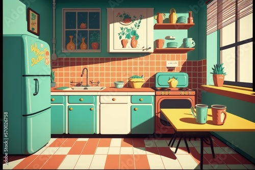 Retro 70 s kitchen interior with pop art colors  antique kitchen  digital illustration  Generative AI