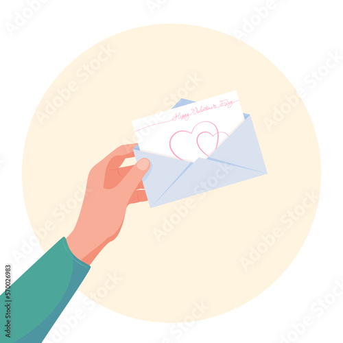 Valentine's Day illustration. The hand holds a letter with a valentine. Declaration of love in writing. Vector illustration, flat image, top view