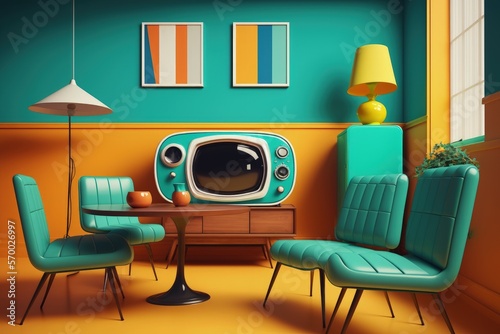 Retro 70s TV room interior with pop art colors, Old TV room, digital illustration, Generative AI photo