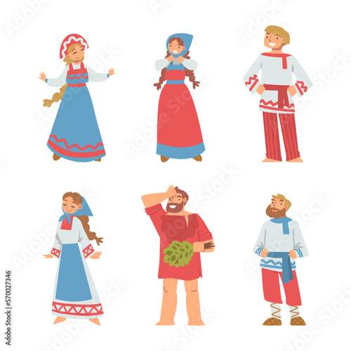 Slav or Slavonian People Character in Ethnic Clothing Vector Set