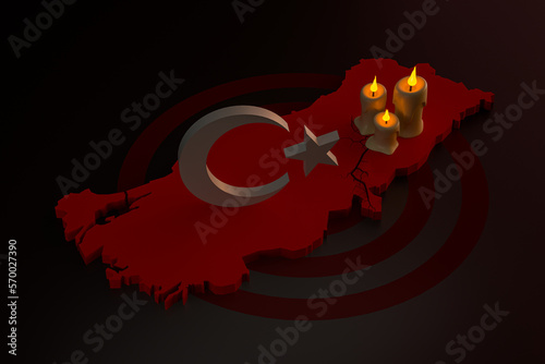 Burning Candle on Turkish Flag and Map Background. Element for Death Mourning Memory Design. 3d Rendering photo