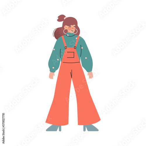 Happy teenage girl in 80s fashion style clothes. Young woman in retro style fashion outfit cartoon vector illustration